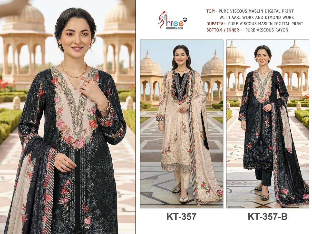 KT – 357 by shree fab A TO B SERIES Pakistani Stylish Embroidered PURE SATIN viscose Dresses At Wholesale Price